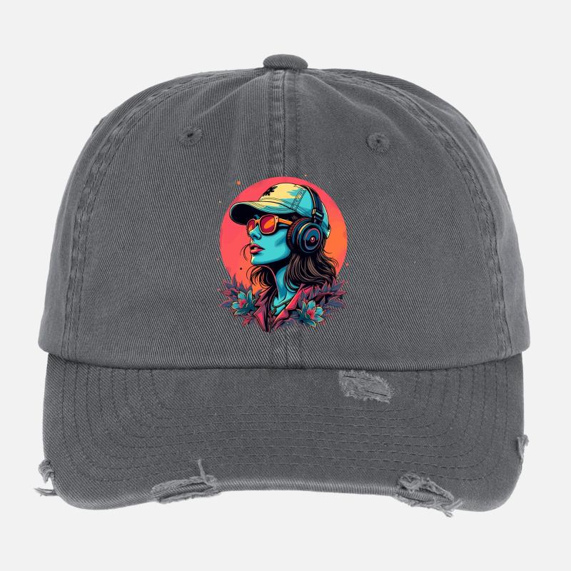 Futuristische DJane mit Kopfhörern Flexfit Vintage Destroyed Cap
