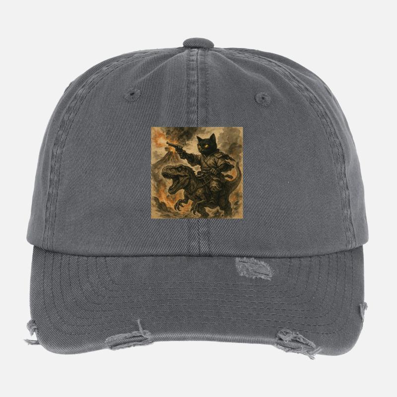 Samurai-Katze reitet auf Dinosaurier bei Vulkanausbruch Flexfit Vintage Destroyed Cap