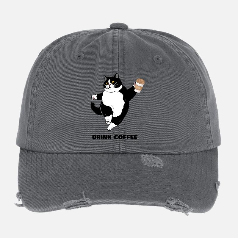 Whimsical Cat Coffee Dance Design Flexfit Vintage Destroyed Cap