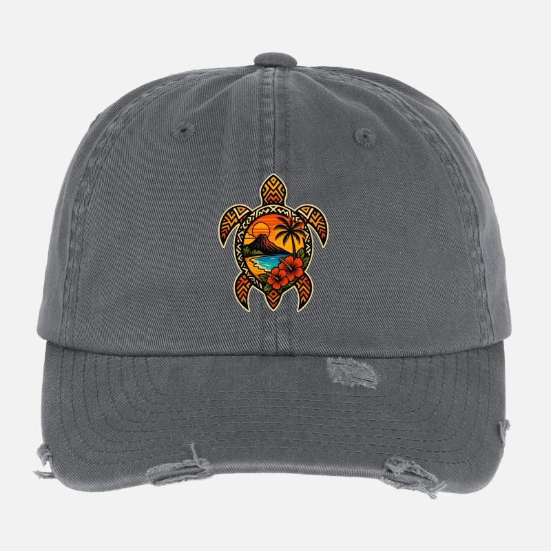 Tropical Sunset Turtle Design Flexfit Vintage Destroyed Cap