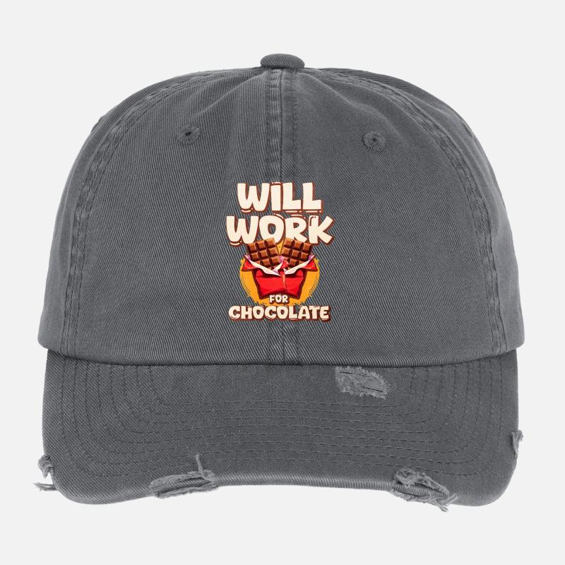 Will Work for Chocolate Illustration Flexfit Vintage Destroyed Cap
