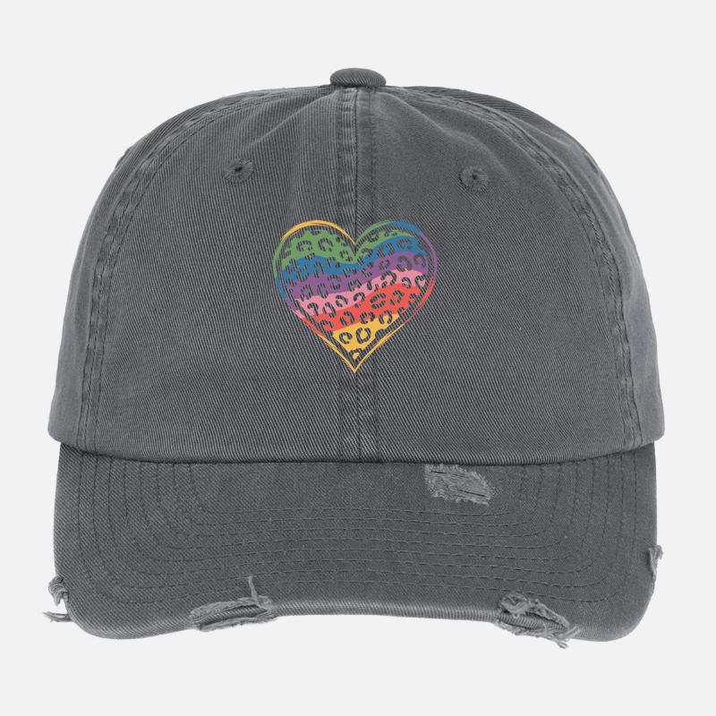 Rainbow Leopard Heart Design Flexfit Vintage Destroyed Cap