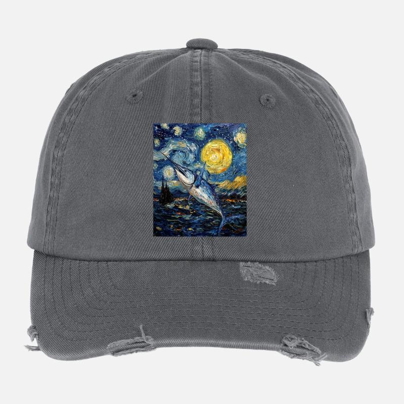 Blue Marlin Fish Van Gogh Style Starry Flexfit Vintage Destroyed Cap