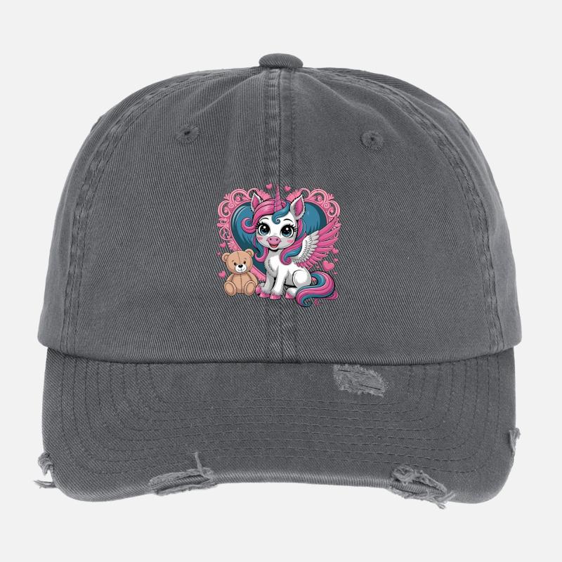 Winged pony with teddy bear and hearts Flexfit Vintage Destroyed Cap