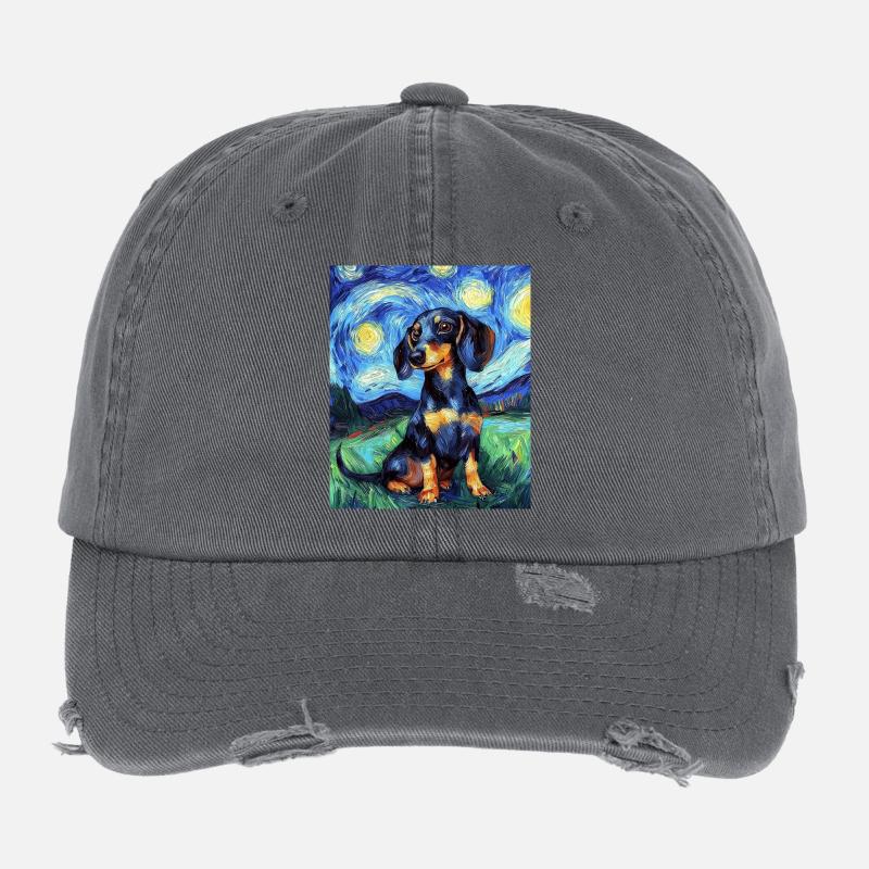 Dackel Hund Van Gogh Style Starry  Flexfit Vintage Destroyed Cap