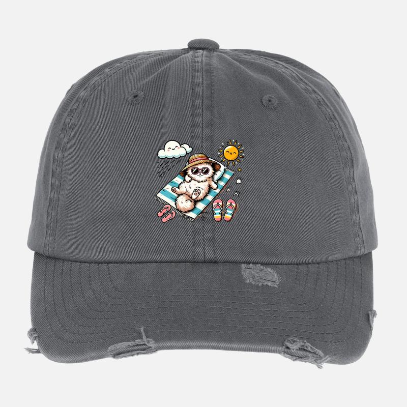 Beach Cat Relaxing Sun Flexfit Vintage Destroyed Cap