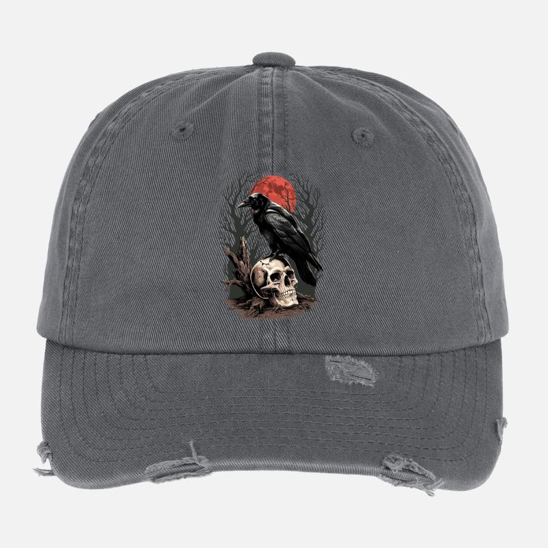 Raven Skull Moon Skull Gothic Black Crow Flexfit Vintage Destroyed Cap
