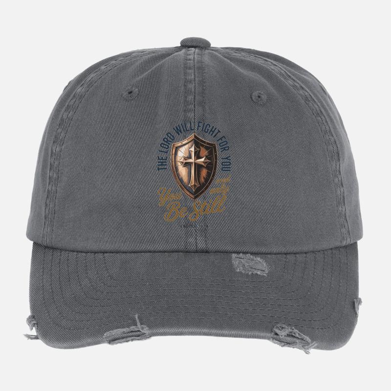Christian Shield & Cross Bible Verse Exodus 14:14 Flexfit Vintage Destroyed Cap