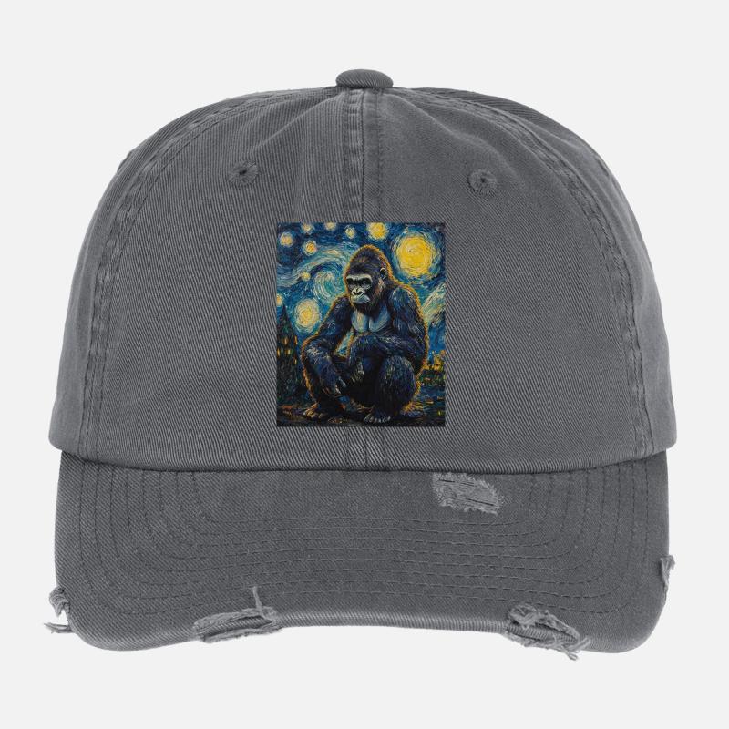 Gorille Gorille Singe Style Van Gogh Nuit étoilée - Casquette vintage effet usé Flexfit - charbon