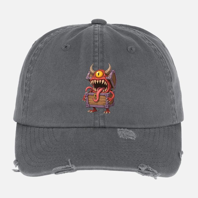 Coffre de monstre mimétique de dessin animé avec yeux et cornes Casquette vintage effet usé Flexfit