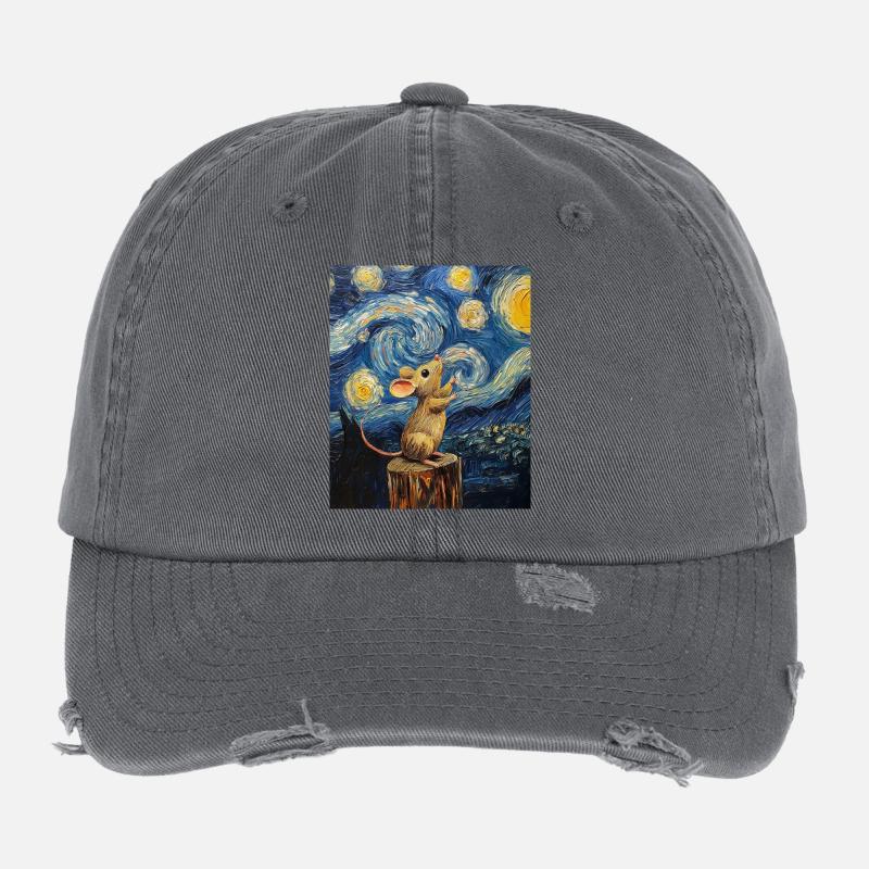 Souris mange du fromage Nuit étoilée à la Van Gogh Casquette vintage effet usé Flexfit