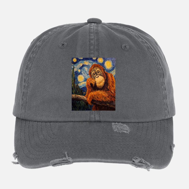 Orangutan Orang-Utan Van Gogh Style Starry Night Flexfit Vintage Destroyed Cap