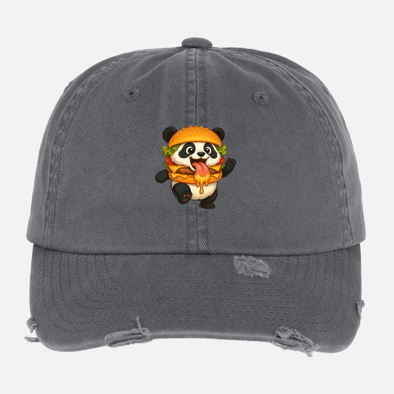 Funny panda with hamburger dancing fast food Flexfit Vintage Destroyed Cap