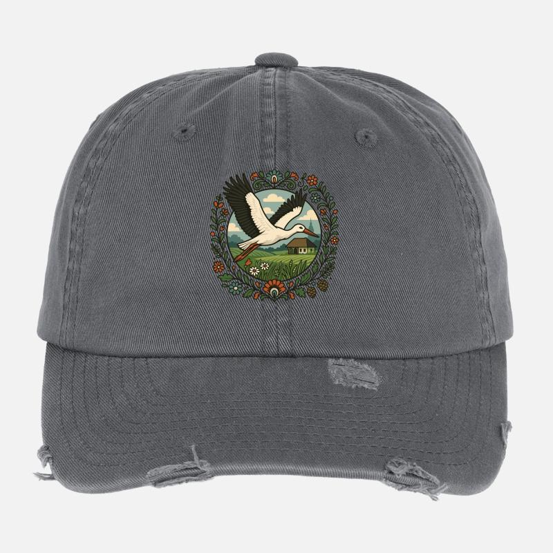 Polnischer Storch Volkskunst Landschaftsgestaltung Flexfit Vintage Destroyed Cap