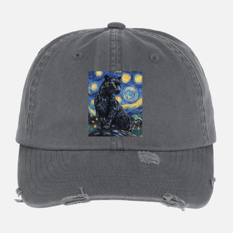 Panther Van Gogh Style Starry Night Flexfit Vintage Destroyed Cap