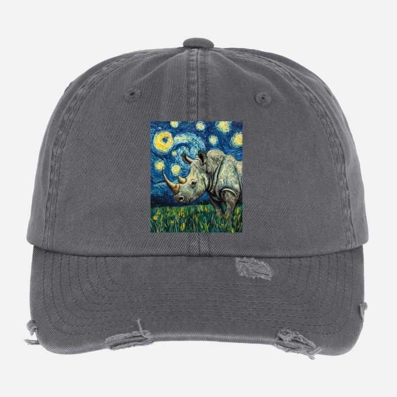 Nashorn Rhino Van Gogh Style Starry Night Flexfit Vintage Destroyed Cap