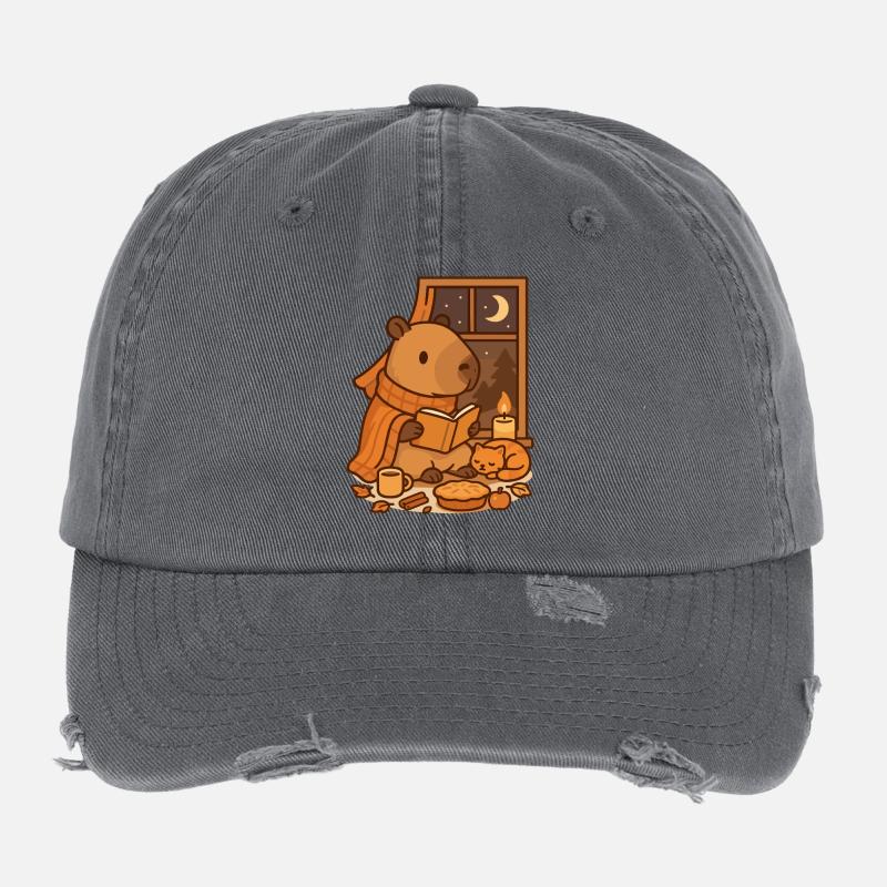 Capybara Reading Nook – Cozy Autumn Evening Flexfit Vintage Destroyed Cap