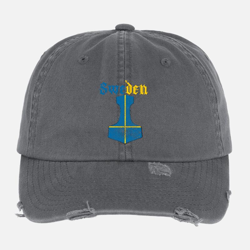 Schweden Flagge – Mjölnir Thorhammer Design - Flexfit Vintage Destroyed Cap - Dunkelgrau