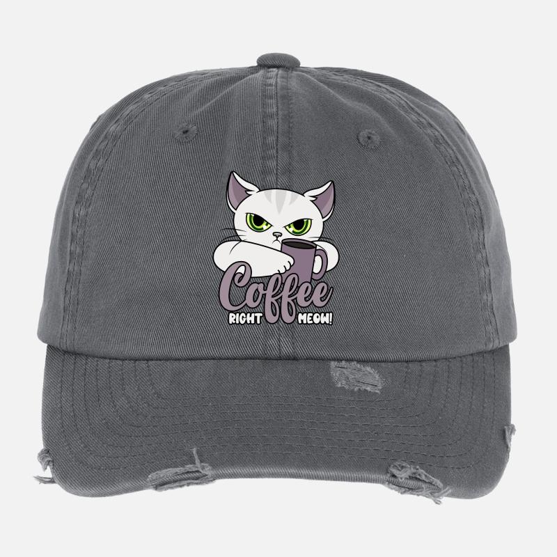Coffee Right Meow - Cat with Coffee Cup - Coffee Flexfit Vintage Destroyed Cap