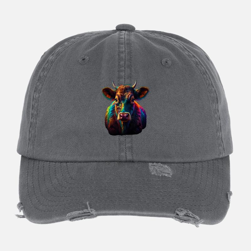 Portrait de vache arc-en-ciel Casquette vintage effet usé Flexfit