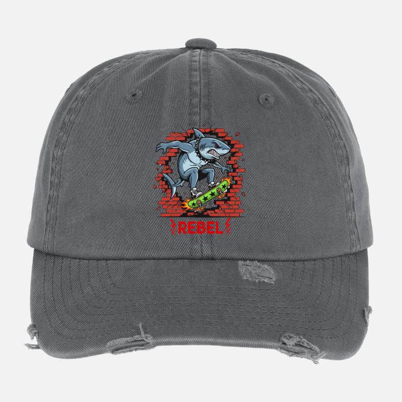 Requin rebelle sur skateboard Casquette vintage effet usé Flexfit