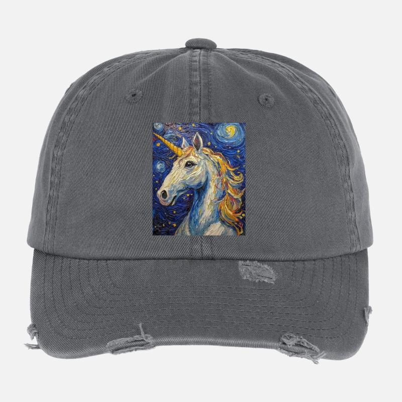 Einhorn Einhörner Unicorn Van Gogh Style - Flexfit Vintage Destroyed Cap - dark grey