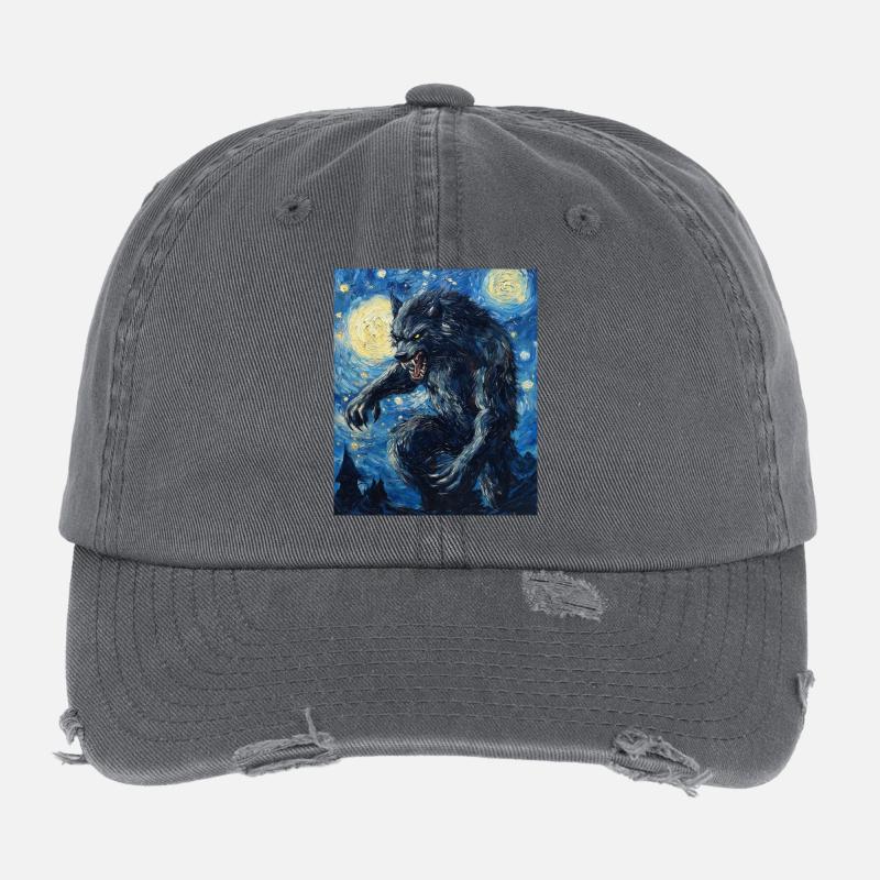 Werwolf Wolf Van Gogh Style Flexfit Vintage Destroyed Cap