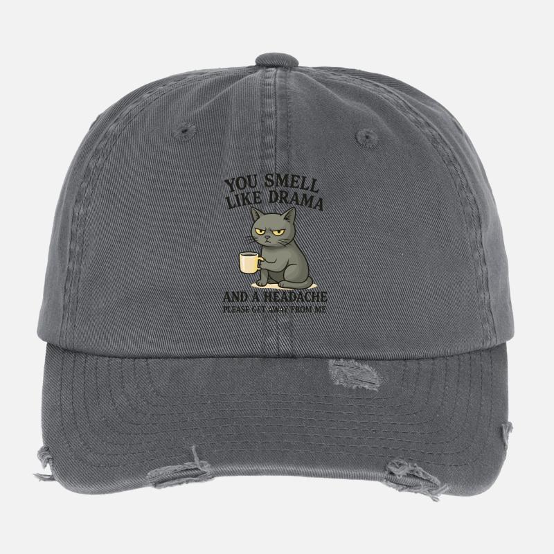 Chat sinistre avec un dicton de café Casquette vintage effet usé Flexfit