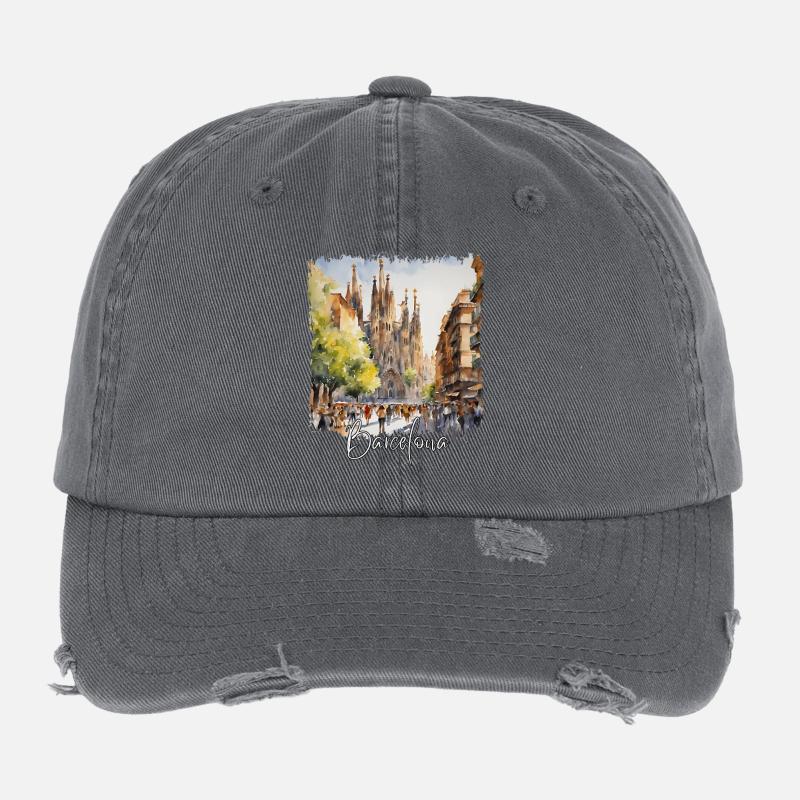 Aquarelle de Barcelone, Barcelone, Espagne Casquette vintage effet usé Flexfit