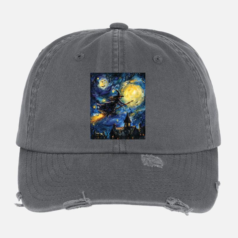 Witch Van Gogh Starry Night Flexfit Vintage Destroyed Cap