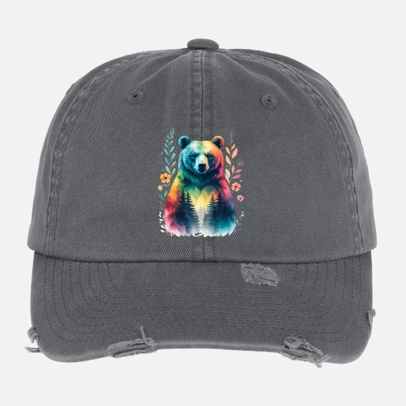 Regenbogenbär im Wald Flexfit Vintage Destroyed Cap