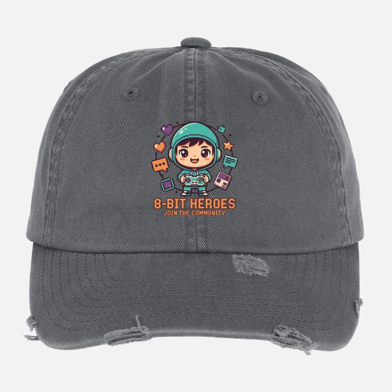 8-BIT HEROES | Gaming Retro Chibi Community Pixel Flexfit Vintage Destroyed Cap