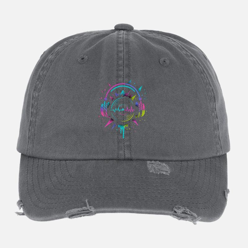 Casque néon, vinyle, son techno rave Casquette vintage effet usé Flexfit