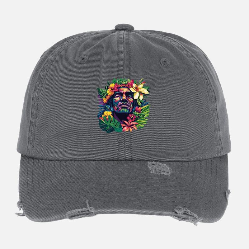 Tropischer Gesichtskopf mit Blumenkranz Flexfit Vintage Destroyed Cap