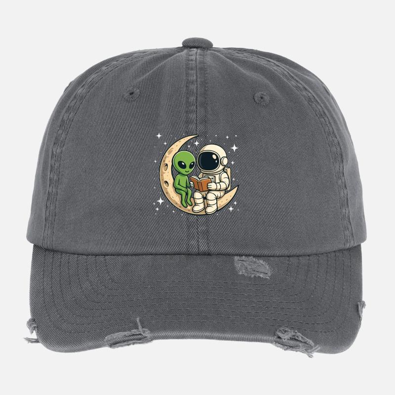 Reading Astronaut Alien Space Book Lover  Flexfit Vintage Destroyed Cap
