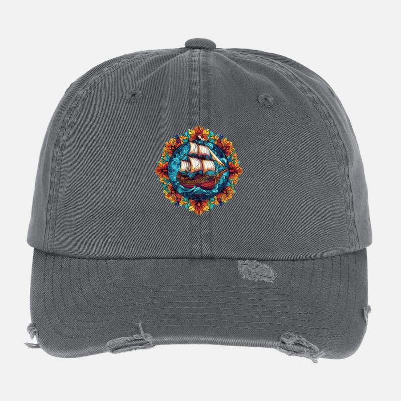 Illustration d’un navire à voile avec anneau de fleurs Casquette vintage effet usé Flexfit