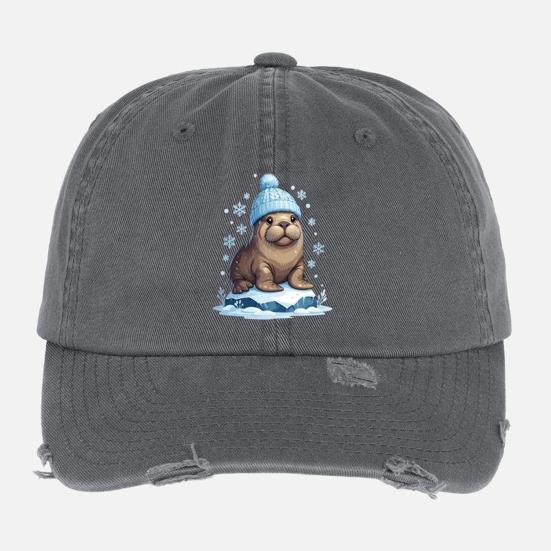 Winter-Seelöwe mit blauer Mütze Flexfit Vintage Destroyed Cap