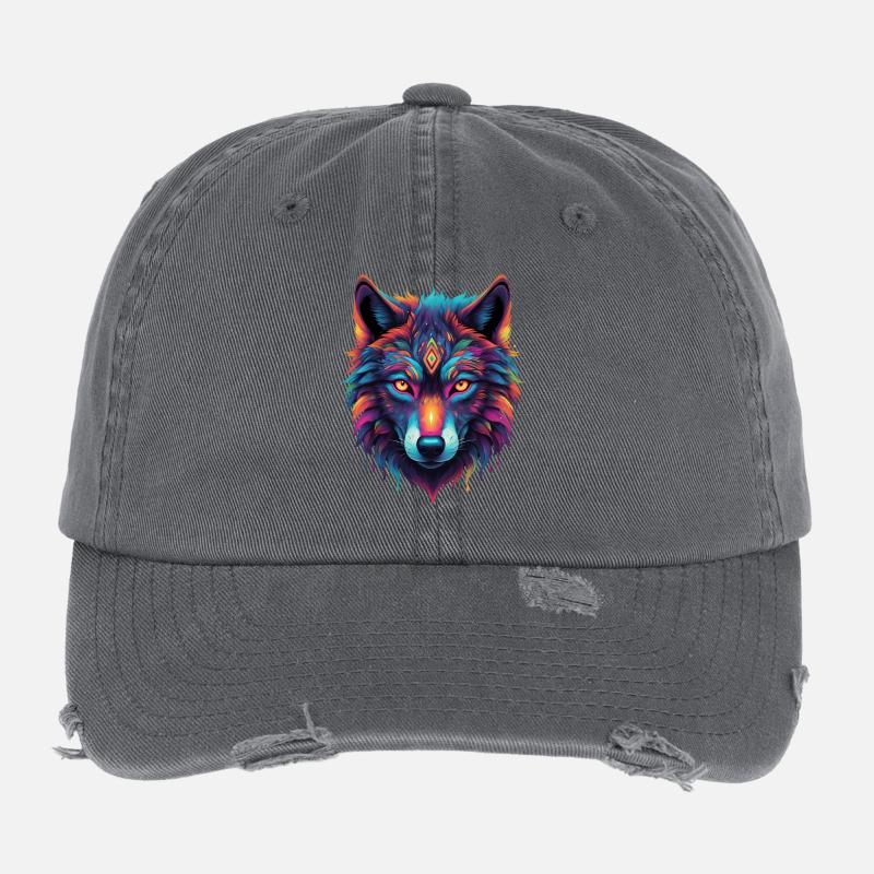 Neon-Wolf Kernmotiv Farbexplosion Flexfit Vintage Destroyed Cap