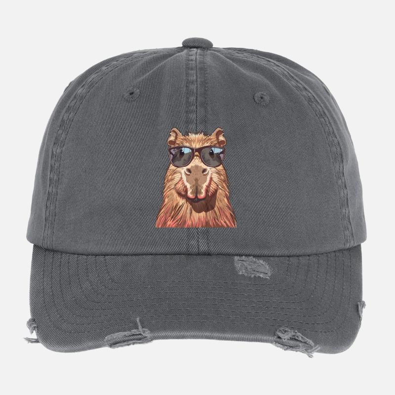 Cool Capybara with Sunglasses Fun Flexfit Vintage Destroyed Cap