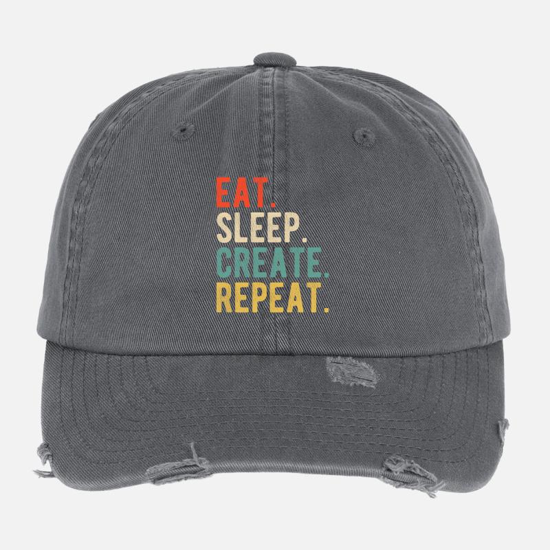 Eat Sleep Create Repeat Retro Design for Creatives Flexfit Vintage Destroyed Cap