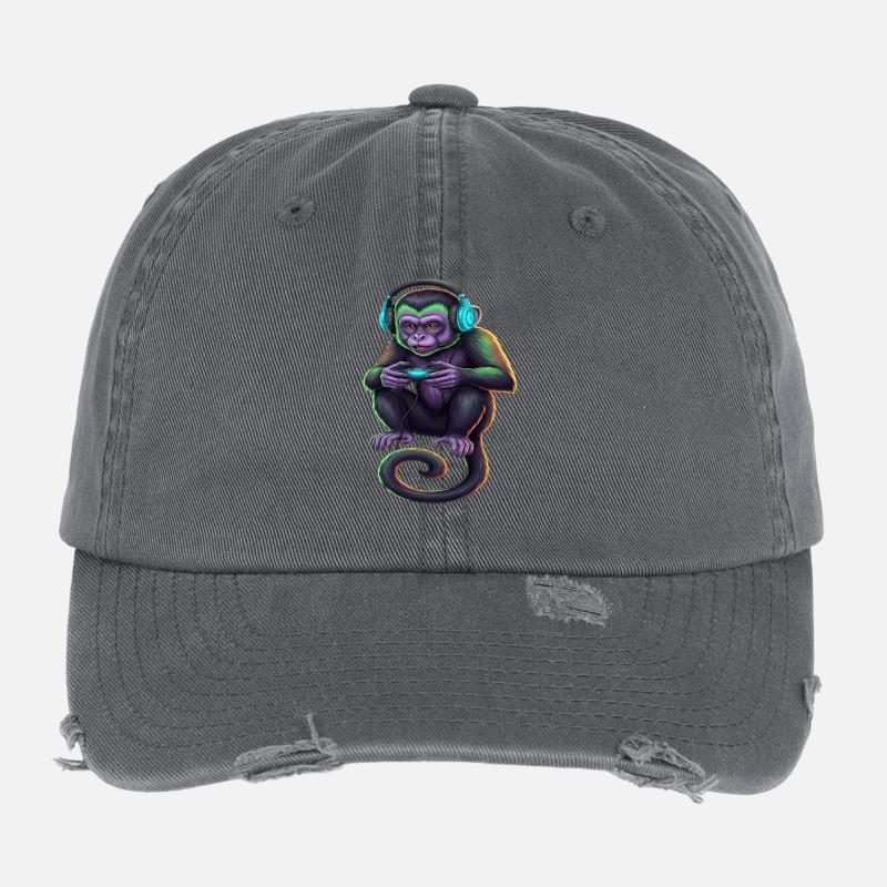Monkey Gaming Animal Video Games Funny Monkey Flexfit Vintage Destroyed Cap