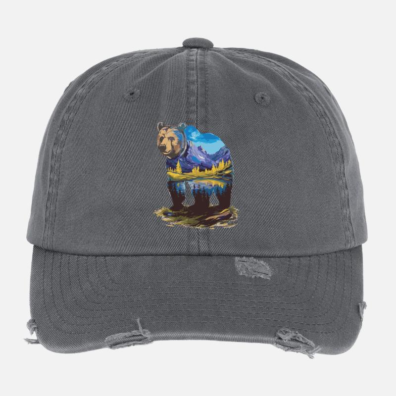 Wander Bear Mountains Lake Conception rétro de la nature Casquette vintage effet usé Flexfit