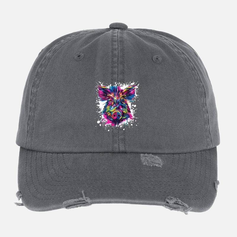 Farbenfrohes Wildschwein-Porträt Splash Flexfit Vintage Destroyed Cap