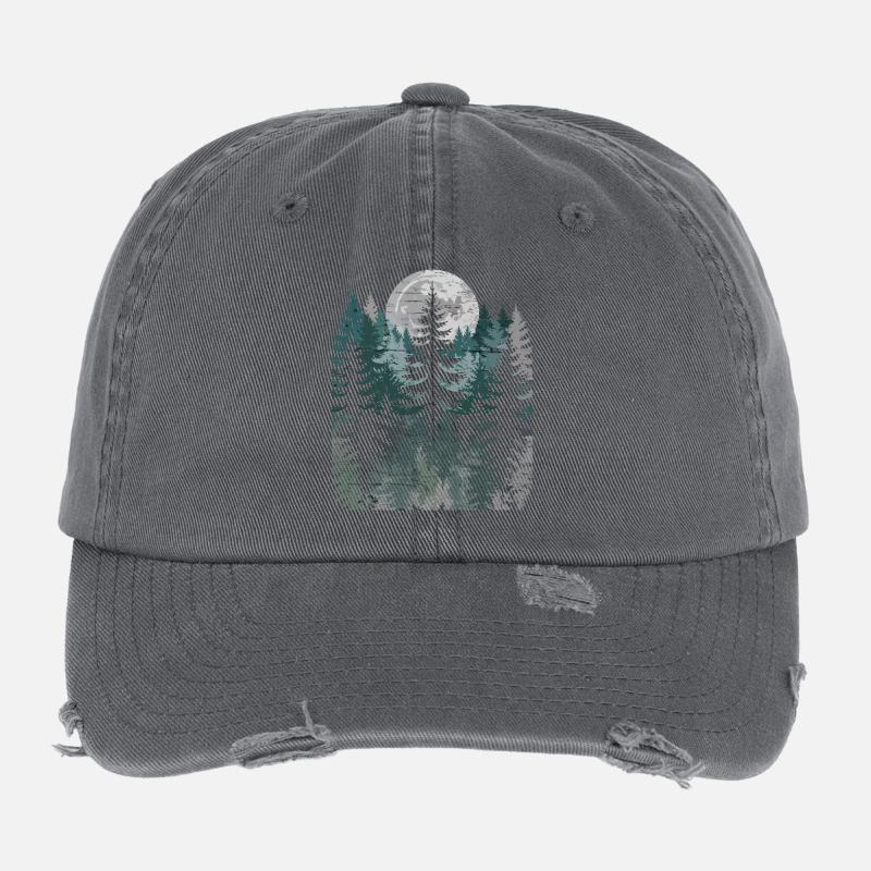 Night Forest Silhouette with Moon Flexfit Vintage Destroyed Cap