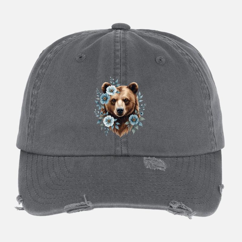 Bär mit blauen Blütenrahmen Flexfit Vintage Destroyed Cap
