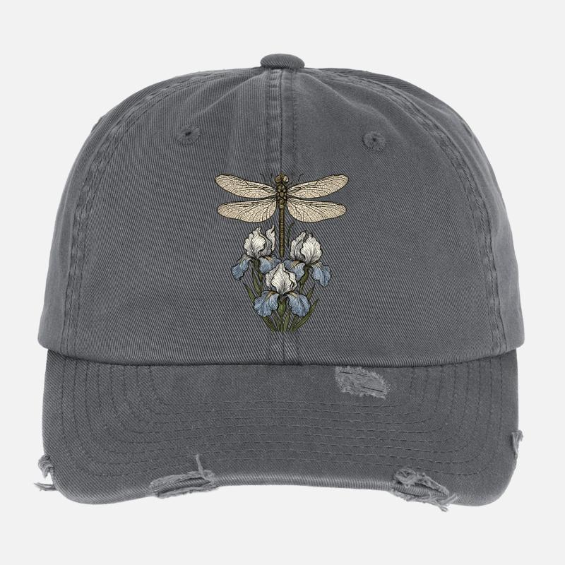 Libelle über Irisblüten Flexfit Vintage Destroyed Cap