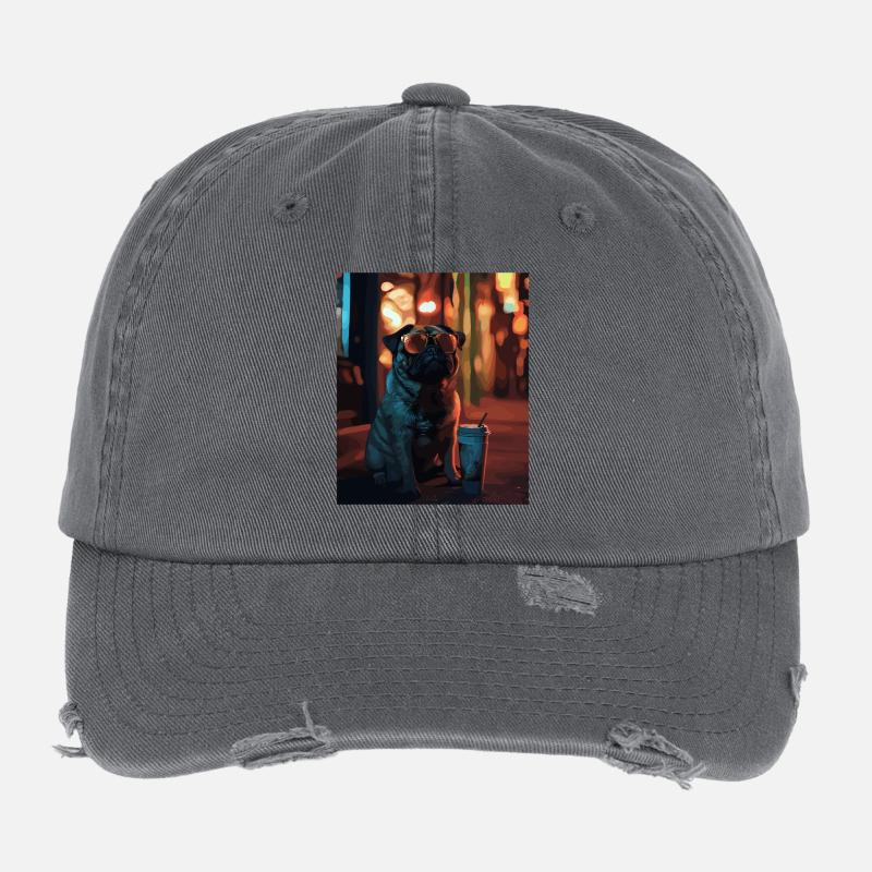 Pug with sunglasses and iced coffee Flexfit Vintage Destroyed Cap