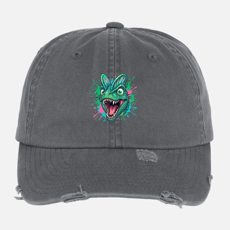 Green Dino Head with Neon Splash Flexfit Vintage Destroyed Cap