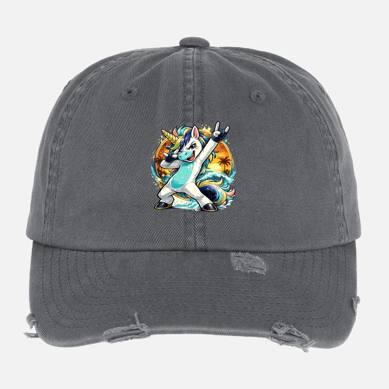 Sommer Einhorn im Dabbing Sunset Beach Stil Flexfit Vintage Destroyed Cap