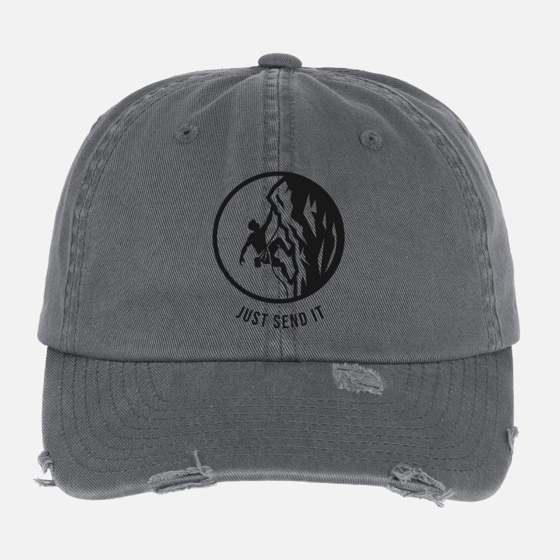Rope climber on the rocks just send it logo Flexfit Vintage Destroyed Cap